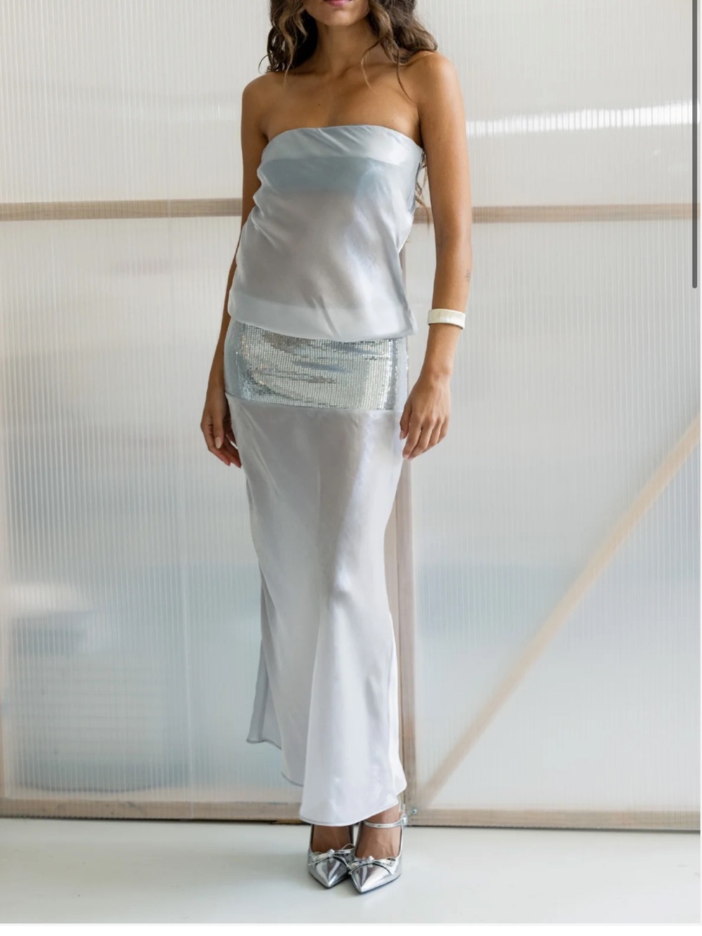Strapless Silver Maxi Dress with Sequin Waist Panel